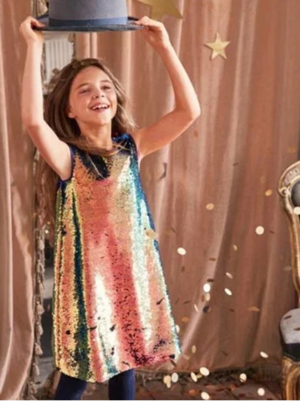 Mini Boden Rainbow Flip Super Sequin Party Dress - Gold, Pink, Blue. Size 9-10